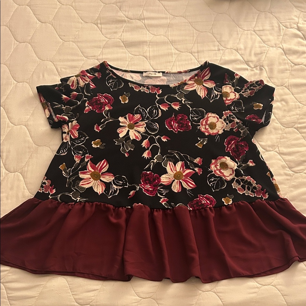 ModCloth Floral Navy and Burgundy Ruffle Hem Top